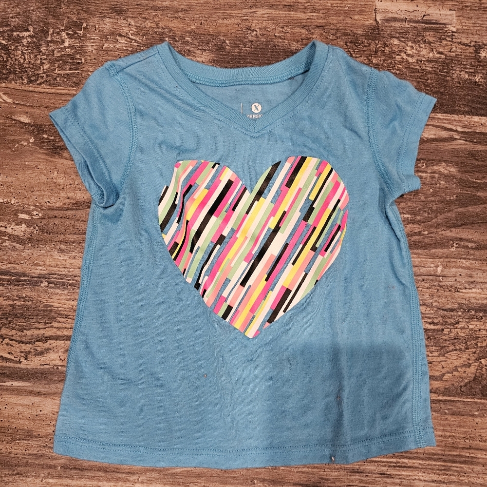 Vibrant Blue Kids Tee with Striped Heart